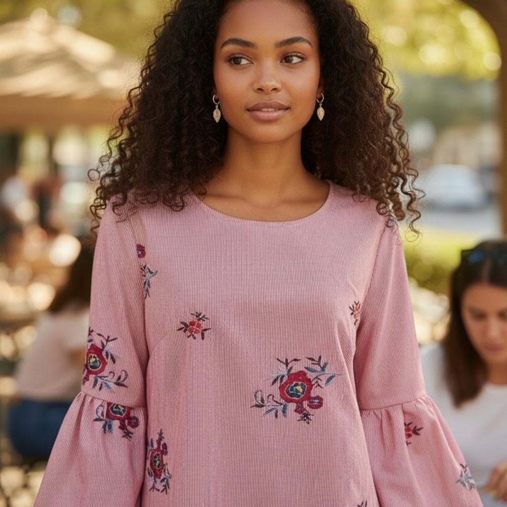 Pink Floral Bell-Sleeve Blouse Coquette Striped Boho Whimsy MED